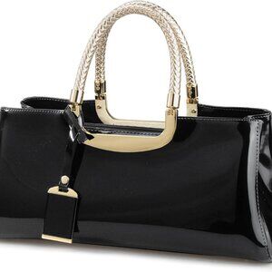 Glossy Faux Patent Leather Structured Shoulder Handbag Women Evening Party Satch